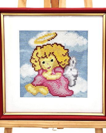 Obraz Haftowany Aniołek Na Chmurce 24x24 cm Rękodzieło na Prezent, Sklep Angelos