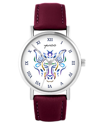 Zegarek - Byk - skórzany, burgund, yenoo