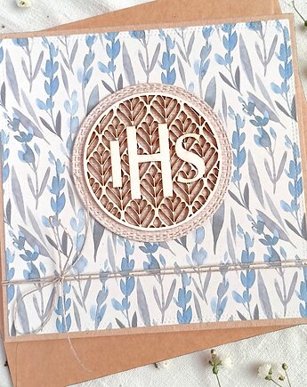 Kartka komunijna dla chłopca 2026 : kwiaty niebiesko-szare, kaktusia