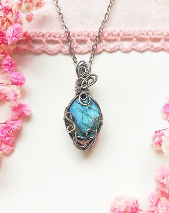 Naszyjnik Labradoryt Niebieski stal chirurgiczna wisiorek handmade wirewrapping, byNostawen
