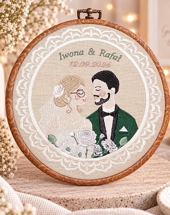 Haft ślubny w tamborku 20 cm, indywidualna pamiątka ślubna, rocznicowa, Plasun
