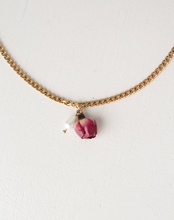 Naszyjnik z bordową różyczką i perłą, Flores Jewellery