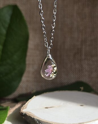 Srebrny wisiorek prawdziwe kwiaty różowa łezka, zkwiatem