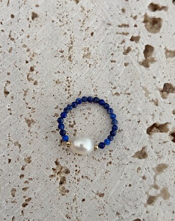 Pierścionek elastyczny Lapis Lazuli i Perły Naturalne, Chmolowska Jewellery