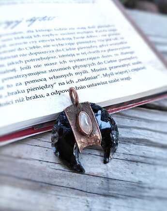 Wisior miedziany lunula obsydian moonstone III, Treemasters Copper Jewelry