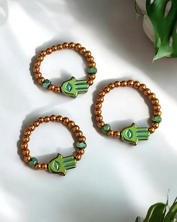 Hamsa - talizman chroniący od zła - pierścionek - hematyt emerald, kaktusia
