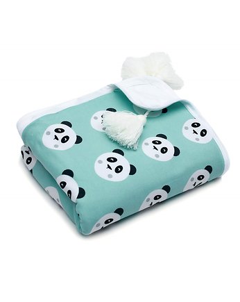 Kocyk bawełniany Pandy buźki miętowe, OSOBY - Prezent dla noworodka