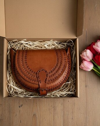 Skórzana torebka góralska ręcznie robiona Nicte wzory zakopane, SempreArte