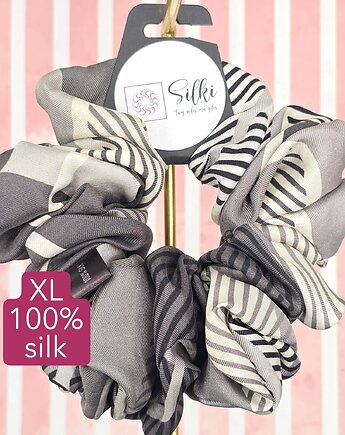 XL duża gumka do włosów jedwab naturalny scrunchie szara grafitowa, Silki