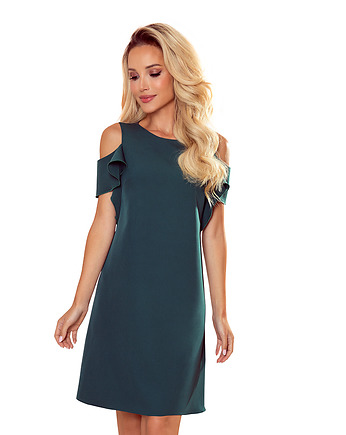 359-2 Trapezowa sukienka z falbankami na ramionach - ZIELEŃ BUTELKOWA, NUMOCO