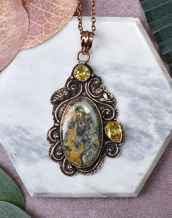 Miedziany wisiorek wire wrapping z jaspisem i cytrynem #482, Spirit Of Copper