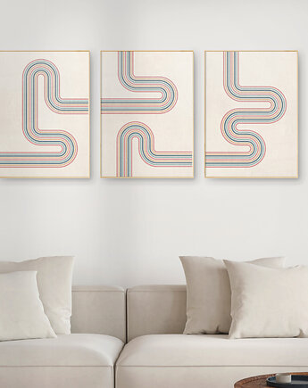 Zestaw 3 geometrycznych plakatów liniowych, modern retro, pastele., Grawisfera