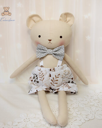 Miś Antoś przytulanka w spodenkach białych w leśne wzorki, handmade, Lulaczkowo