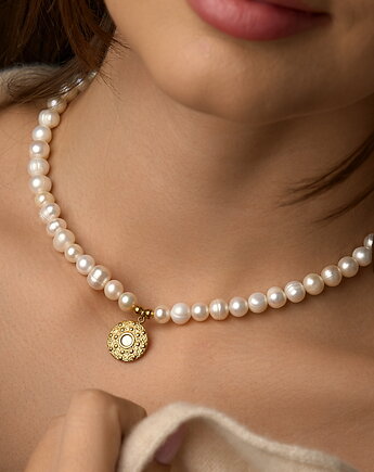 Naszyjnik perły naturalne moneta- stal szlachetna pozłacana