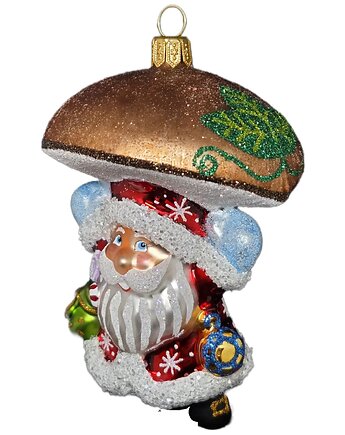 Ręcznie malowana szklana bombka Mikołaj z brązowym grzybowym kapeluszem, STARGLASS