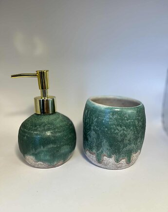 Zestaw łazienkowy akcesoria Dozownik na mydło Mydelniczka, turkusowa łazienka, Ceramika Nastawka