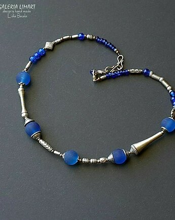 Vintage style uroczy naszyjnik z matowego błękitnego szkła Prezent handmade, Galeria Limart