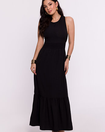 Sukienka z gumowanym paskiem i wiązaniem na plecach - czarna(B-281), Be