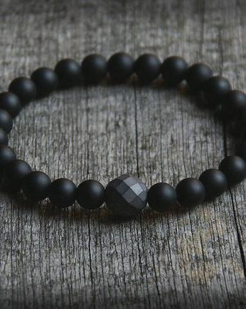 męska bransoletka - black stone & hematyt, kaktusia
