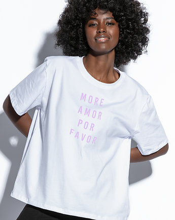 Biały T-shirt z pastelowym napisem Amor violet, FOBYA