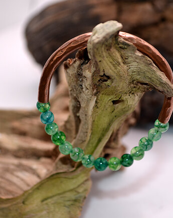Bransoletka miedziana handmade z koralikami: agat, FutharkCopper