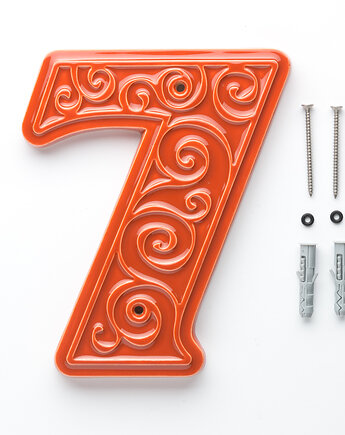 Numer domu, cyfra 7 pomarańczowo-brązowa, do przykręcenia, pracowniazona