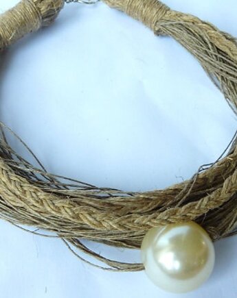 Lniany sznurkowy naszyjnik  z perłą boho, cynamonn