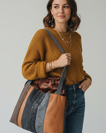 Szaro-brązowa duża torba z kominem patchwork, raspberi