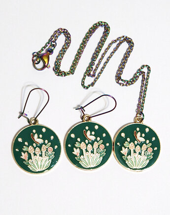 Komplet - Grzybki, zielony - kolczyki i naszyjnik, yenoo