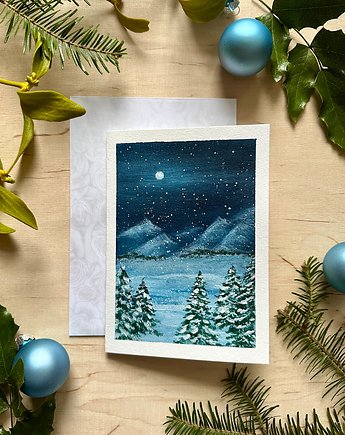 Kartka świąteczna górski pejzaż zimowy, mavipoppy art