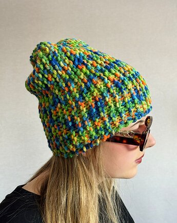 Kolorowa mała czapka beanie z wełną i alpaką, Zasznurowane