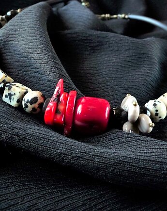 Elegancki naszyjnik z jaspisu dalmatyńskiego, korala i krzemienia Handmade, Galeria Limart