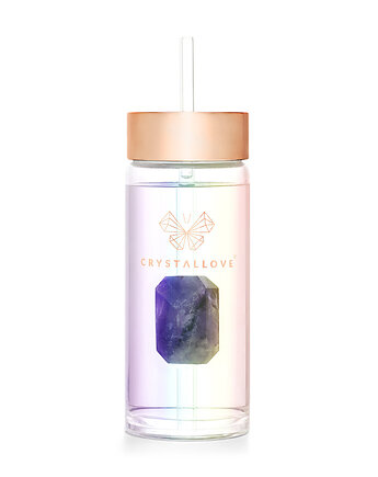 Szklana butelka na wodę z ametystem i słomką 400ml - hologram, CRYSTALLOVE