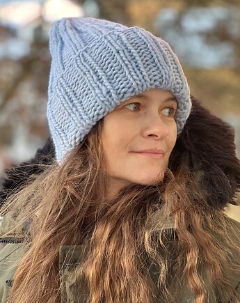 Zimowa czapka Buran  100% wełna z Peru poranna mgła, Made by Jaga