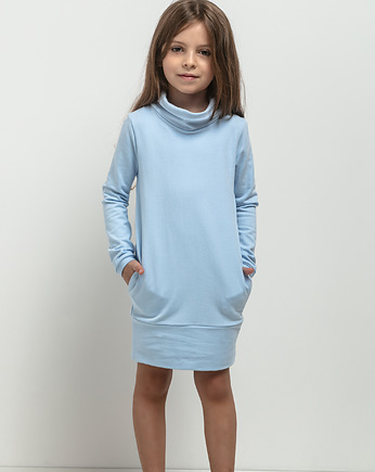 Sukienka z golfikiem i kieszeniami dla dziewczynki, MMD37, jasnoniebieska, OSOBY - Prezent dla dziewczynki
