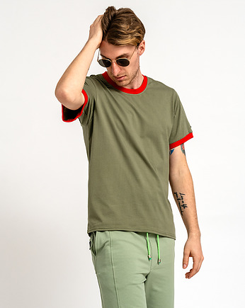 T-shirt męski gładki  z czerwonym ściągaczem "BENJAMIN" zielony, 3 for U