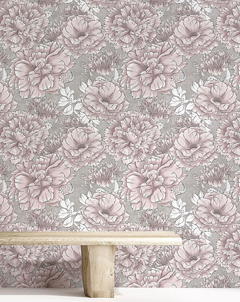 Tapeta Piwonie. Blossom Lines.Szare Tło., Patternosophy