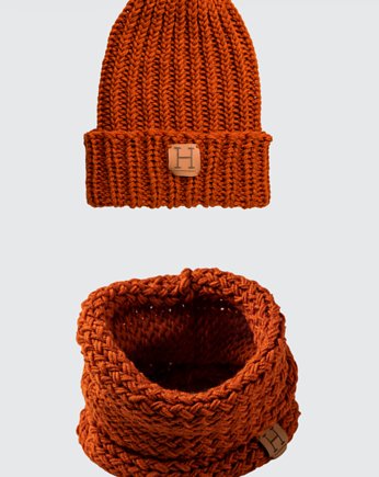 Komin i czapka z wełny merynosa handmade ORANGE, HisOutfit