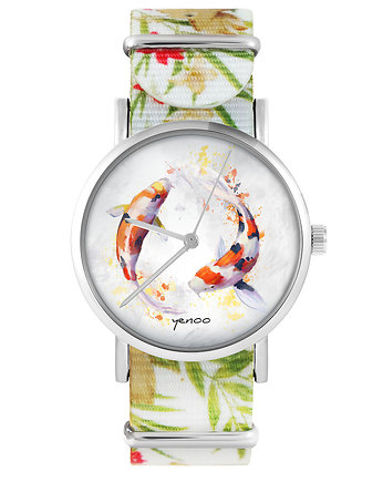 Zegarek - Karpie Koi - kwiaty, nylon, biały, yenoo