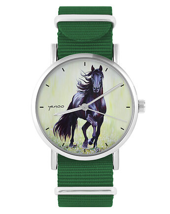 Zegarek - Czarny koń malowany - zielony, nylonowy, yenoo