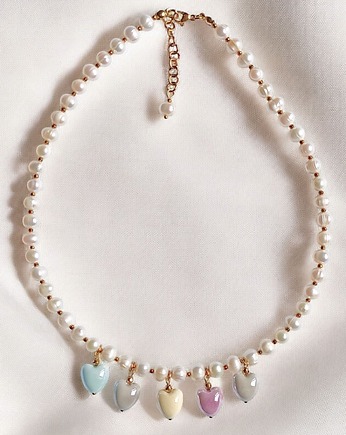 Perły naturalne i pastelowe ceramiczne serduszka : naszyjnik, kaktusia