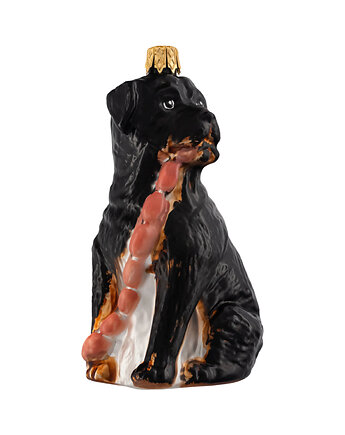 Bombka choinkowa szklana ręcznie malowana: Pies Rottweiler z kiełbasą, Syn Bombkarza