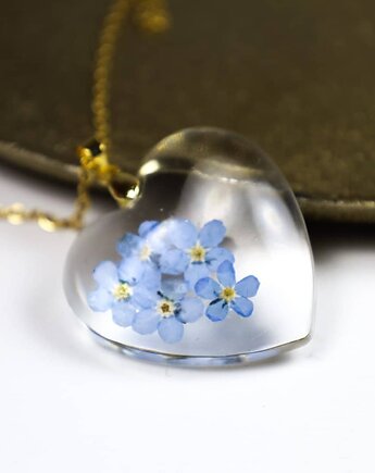 Duży naszyjnik złote serce z kwiatami Niezapominajki powiew wiosny, Lovely Jewellery