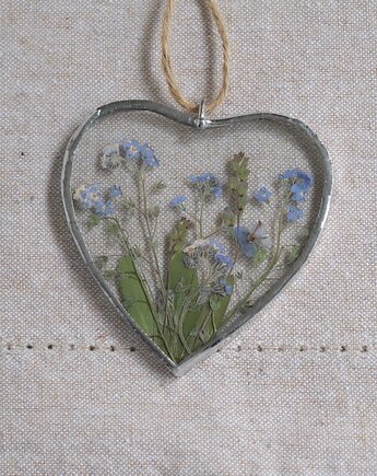 Serce witrażowe z suszonymi niezapominajkami 7,5 cm, BeArt Handmade