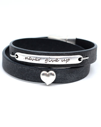 Bransoletka ze skóry z sercem i napisem czarna, Kociokwik Jewelry