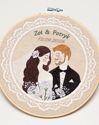 Haft ślubny w tamborku 20 cm, indywidualna pamiątka ślubna, rocznicowa 56, Plasun