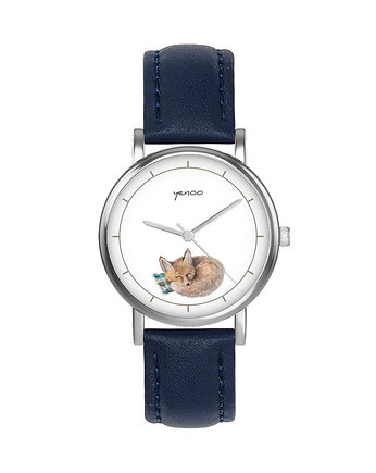 Zegarek  mały - Lisek - skórzany, granatowy, yenoo