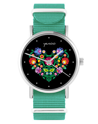 Zegarek - Serce folk czarne - turkusowy, nylonowy, yenoo