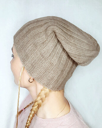 Czapka z kaszmiru100% mankietowa beżowa kaszmirowa czapka w prążki, BAJKA projekt