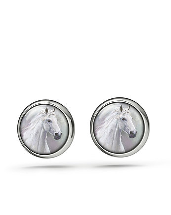 Kolczyki mini - Biały koń - sztyfty, yenoo